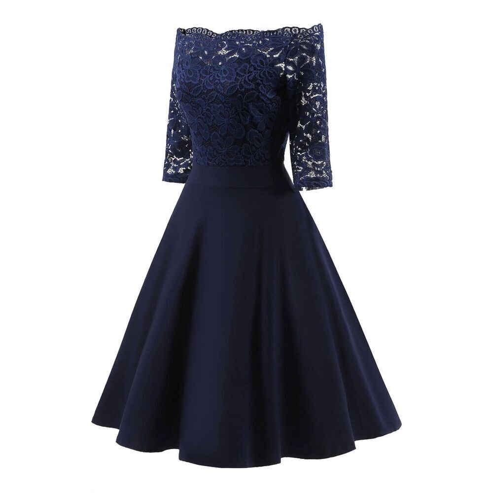 Women Vintage Lace Cocktail Party Dress navy XL Off Shoulder 3/4 Sleeve Semi For